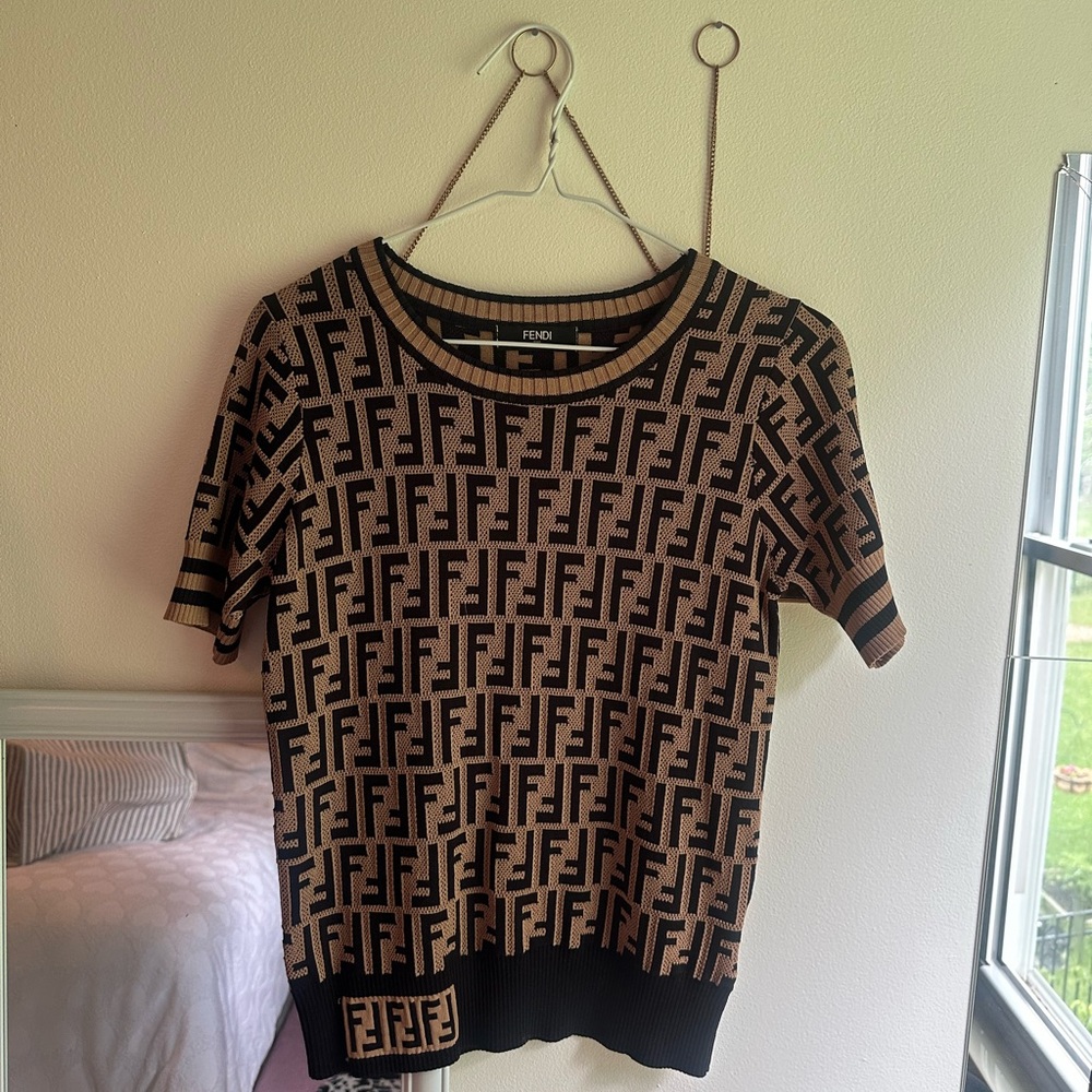 Fendi Black and Tan Logo Patterned Knit Top